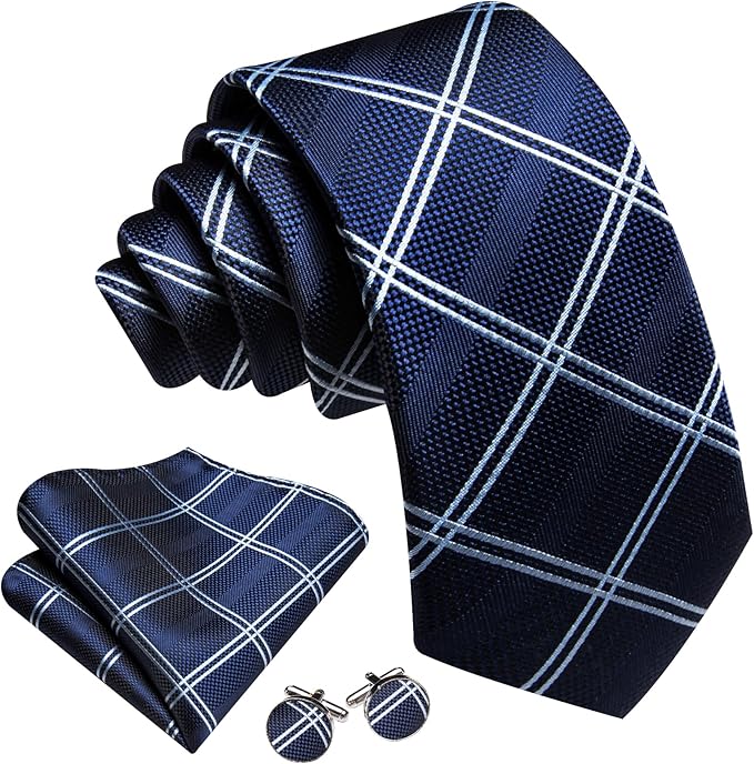 Dluxe Ave. Mens Striped Plaid Blue Black Skinny Necktie Handkerchief & Cuff Links