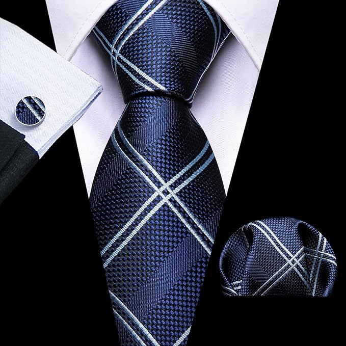 Dluxe Ave. Mens Striped Plaid Blue Black Skinny Necktie Handkerchief & Cuff Links