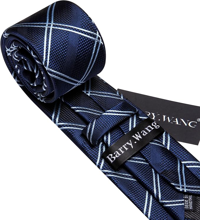 Dluxe Ave. Mens Striped Plaid Blue Black Skinny Necktie Handkerchief & Cuff Links