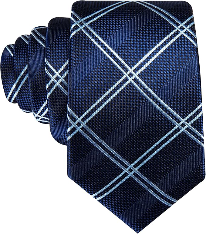 Dluxe Ave. Mens Striped Plaid Blue Black Skinny Necktie Handkerchief & Cuff Links