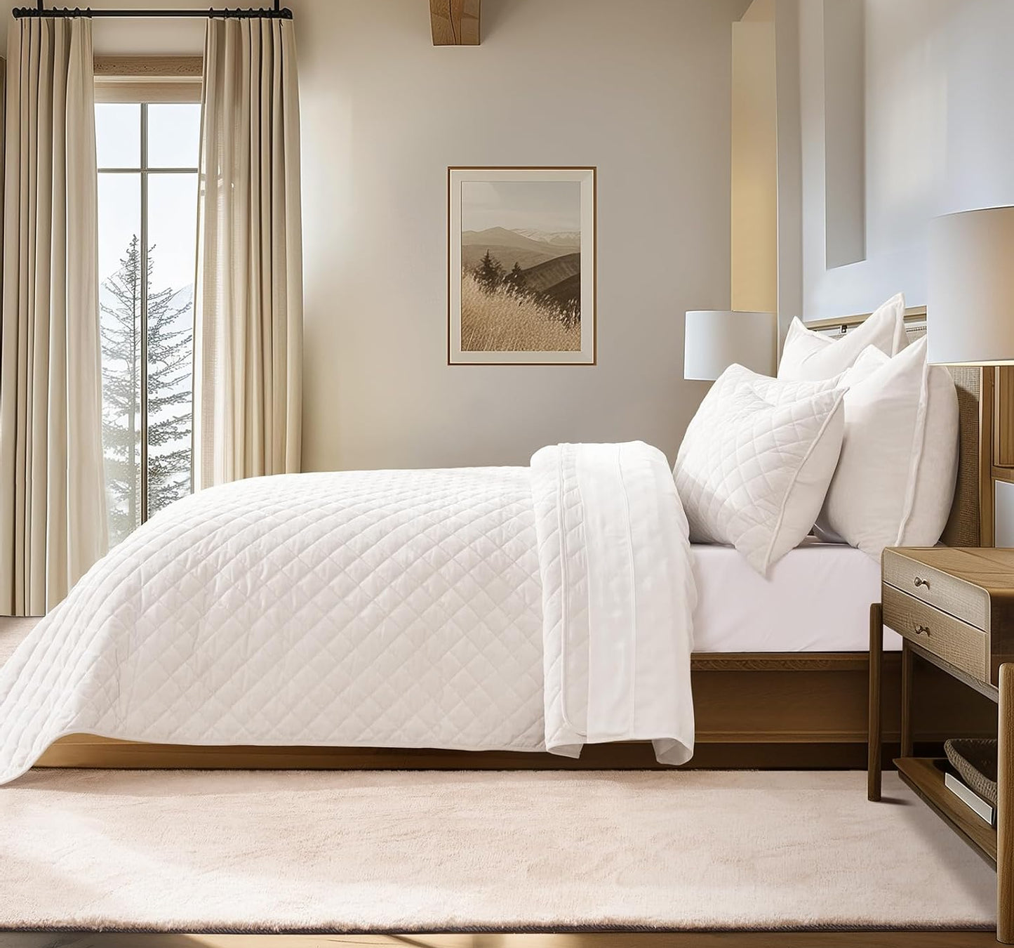 Dluxe Ave. ( KING/ CALI. KING ) Luxury Velvet Quilt Set/ Ivory White