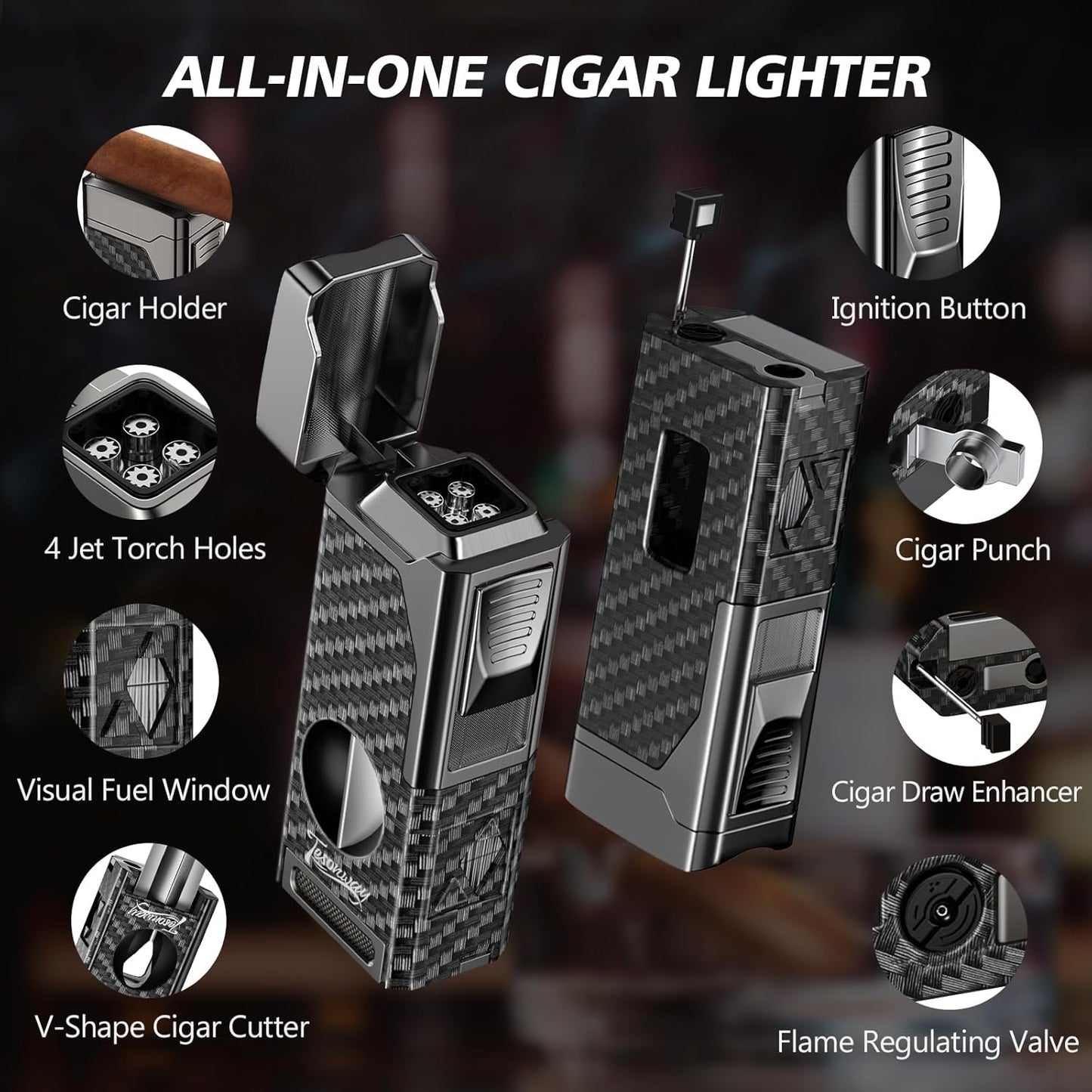Dluxe Ave. Cigar Torch Lighter 4 Jet Flame/ Cigar Cutter V Cut Accessories