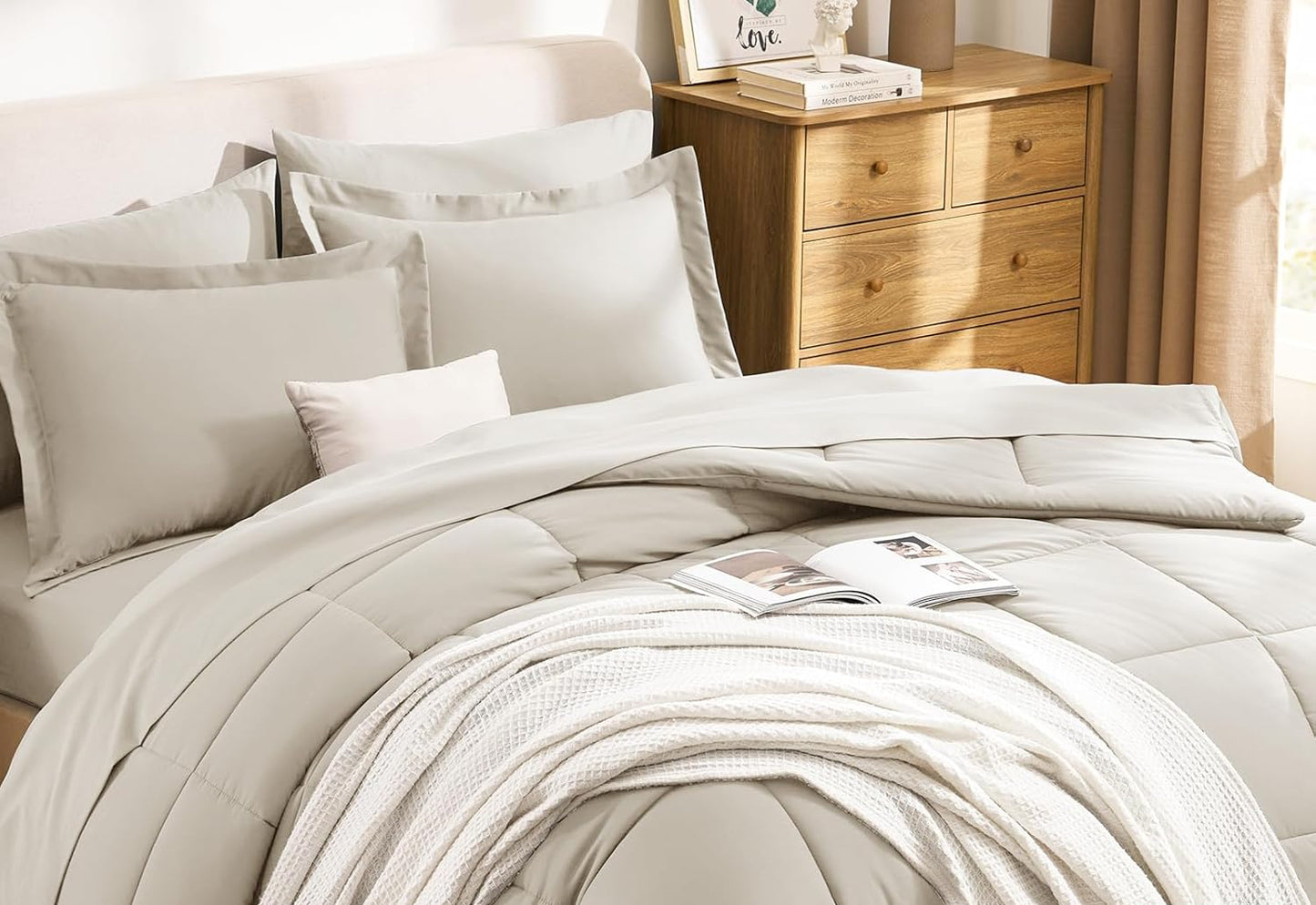 Dluxe Ave. ( FULL ) 7 Pcs Comforter Set, Box Stitch, for All Season/ Beige