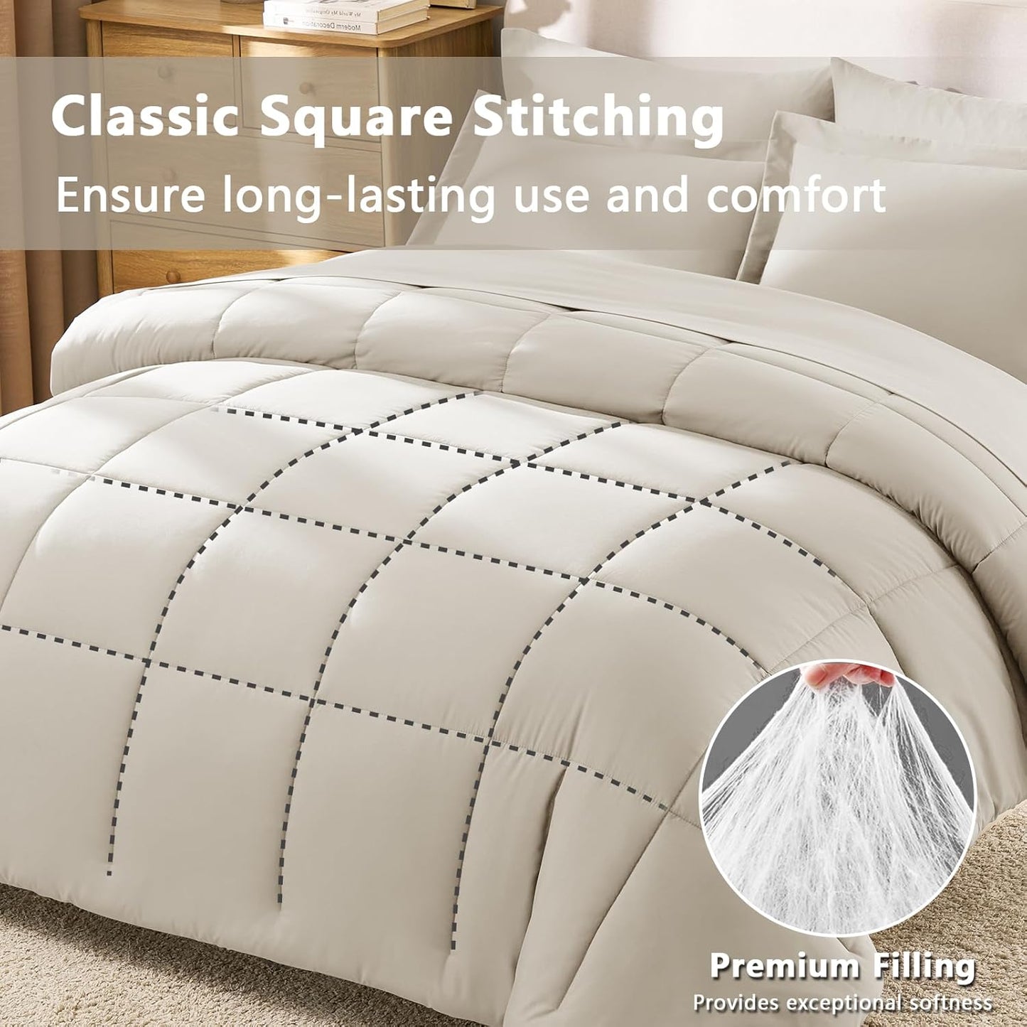 Dluxe Ave. ( FULL ) 7 Pcs Comforter Set, Box Stitch, for All Season/ Beige