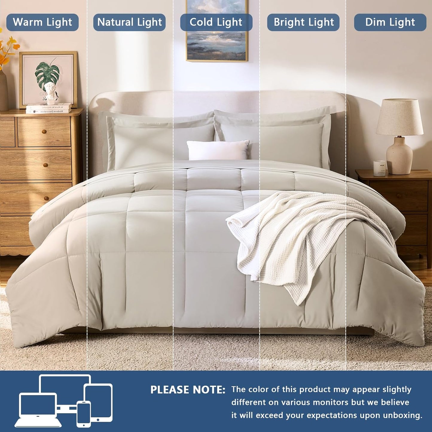 Dluxe Ave. ( FULL ) 7 Pcs Comforter Set, Box Stitch, for All Season/ Beige