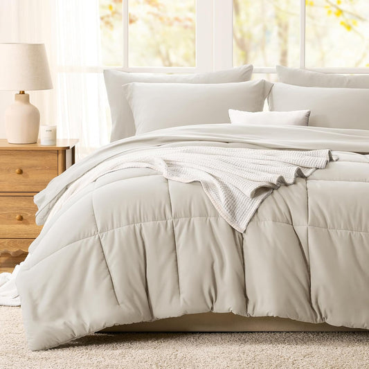 Dluxe Ave. ( FULL ) 7 Pcs Comforter Set, Box Stitch, for All Season/ Beige