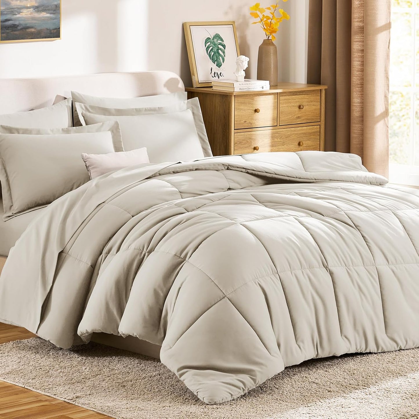 Dluxe Ave. ( FULL ) 7 Pcs Comforter Set, Box Stitch, for All Season/ Beige