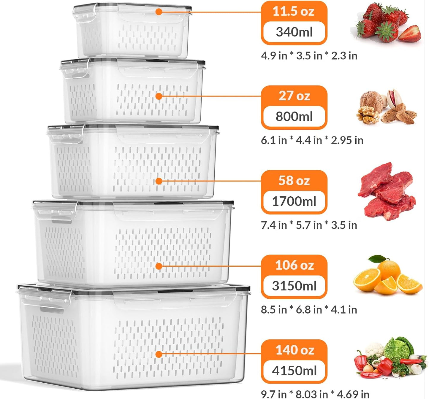 Dluxe Ave. 5 PCS Large Fruit Storage Containers for Fridge with Removable Colanders