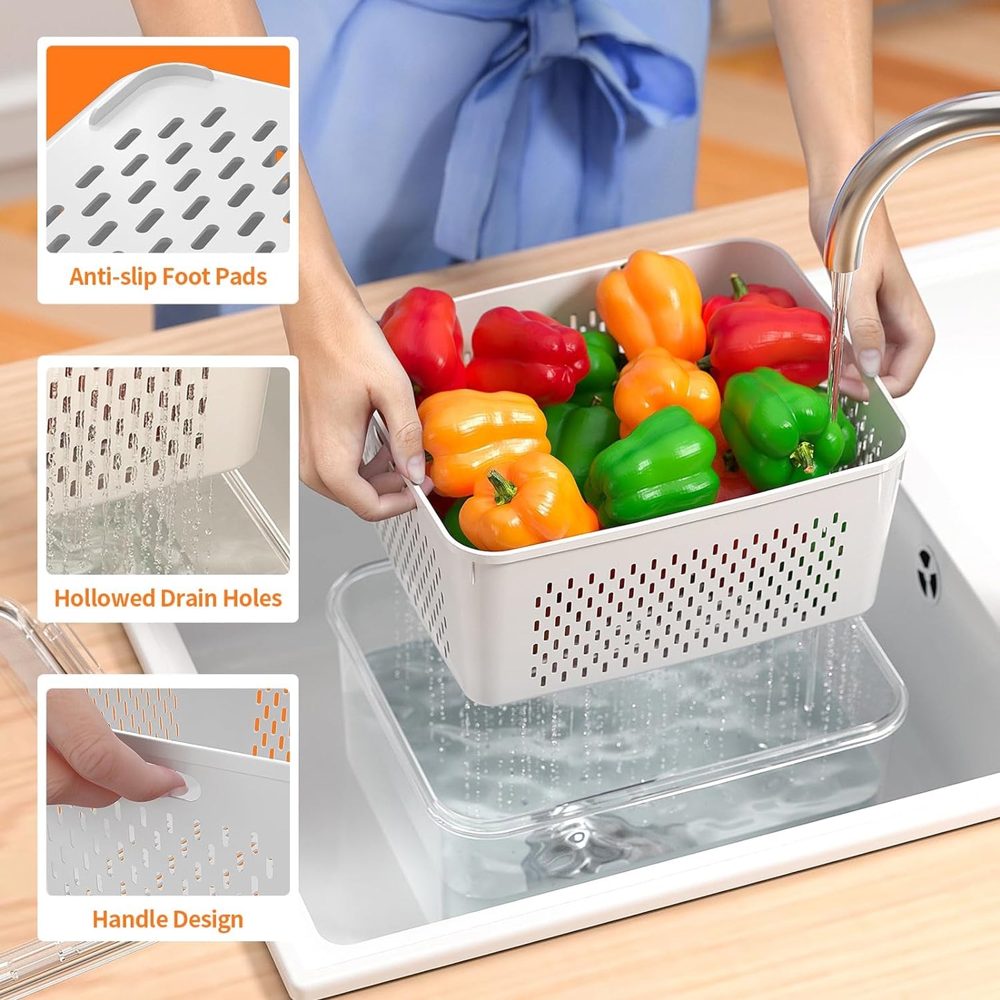 Dluxe Ave. 5 PCS Large Fruit Storage Containers for Fridge with Removable Colanders