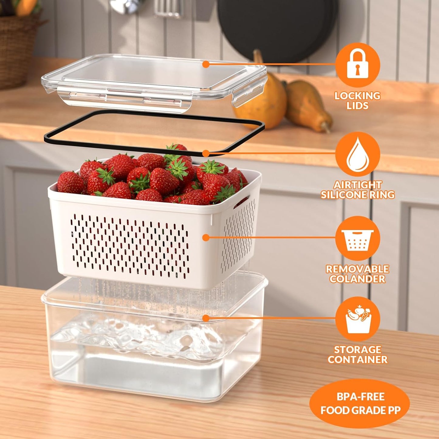Dluxe Ave. 5 PCS Large Fruit Storage Containers for Fridge with Removable Colanders