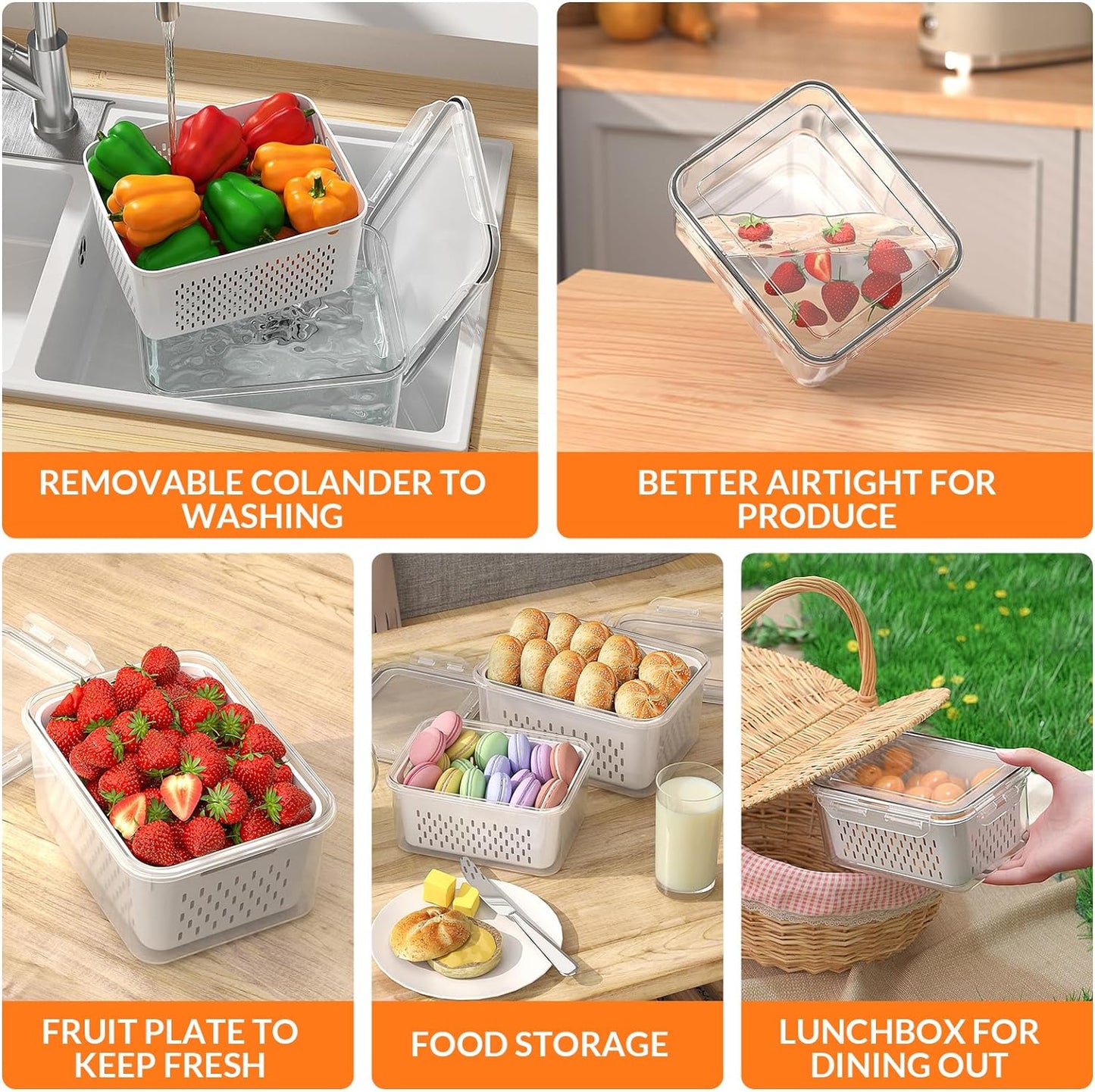 Dluxe Ave. 5 PCS Large Fruit Storage Containers for Fridge with Removable Colanders