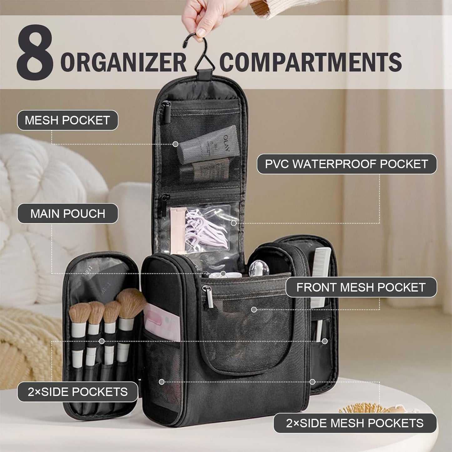 Dluxe Ave. Toiletry Bag with Metal Hanging Hook 7 / Black