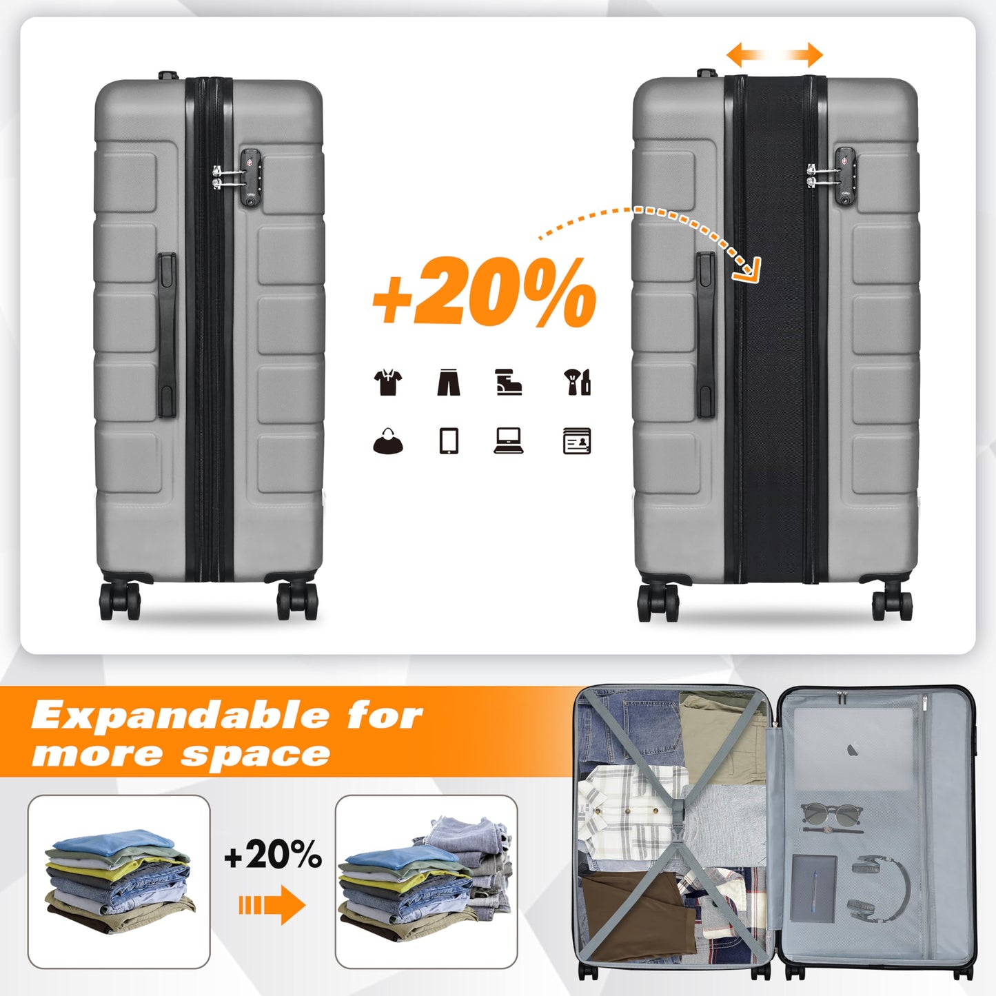 Dluxe Ave. 5 Pcs Expandable Luggage/TSA Lock/ Spinner Wheels (Silver)