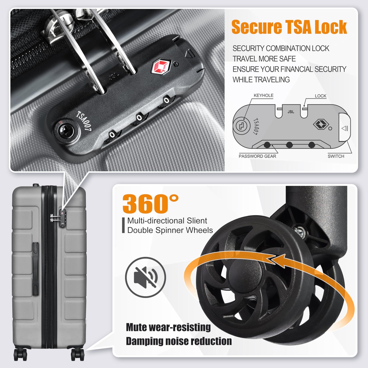 Dluxe Ave. 5 Pcs Expandable Luggage/TSA Lock/ Spinner Wheels (Silver)