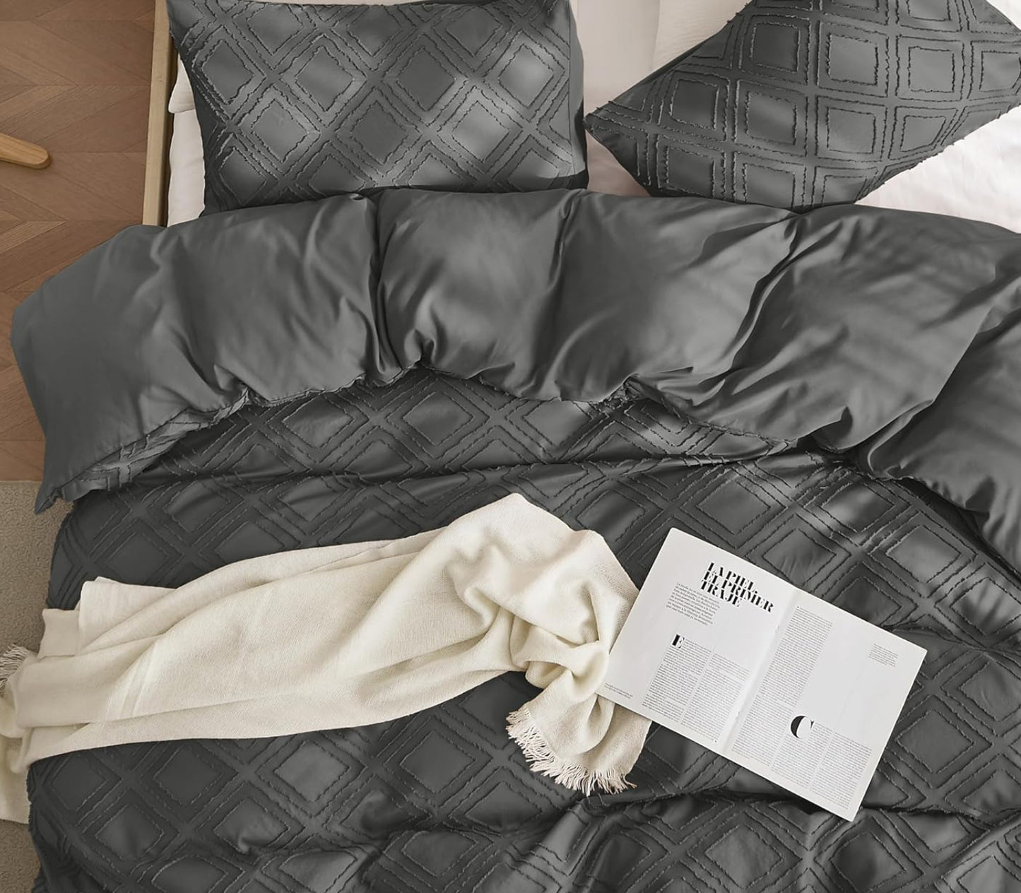 Dluxe Ave. ( TWIN ) 3 Pcs {Duvet Cover} Comforter Set with Corner Ties & Zipper Closure/ Dark Grey