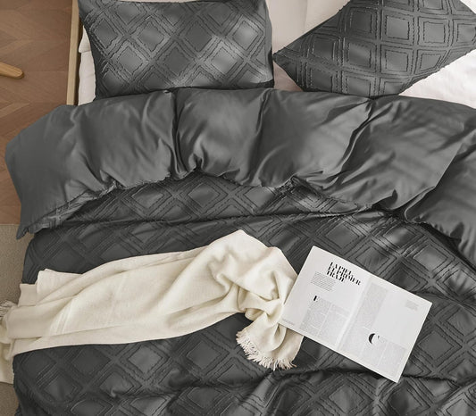 Dluxe Ave. ( TWIN ) 3 Pcs {Duvet Cover} Comforter Set with Corner Ties & Zipper Closure/ Dark Grey