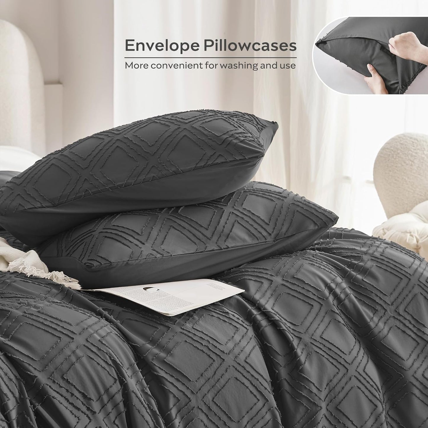 Dluxe Ave. ( TWIN ) 3 Pcs {Duvet Cover} Comforter Set with Corner Ties & Zipper Closure/ Dark Grey