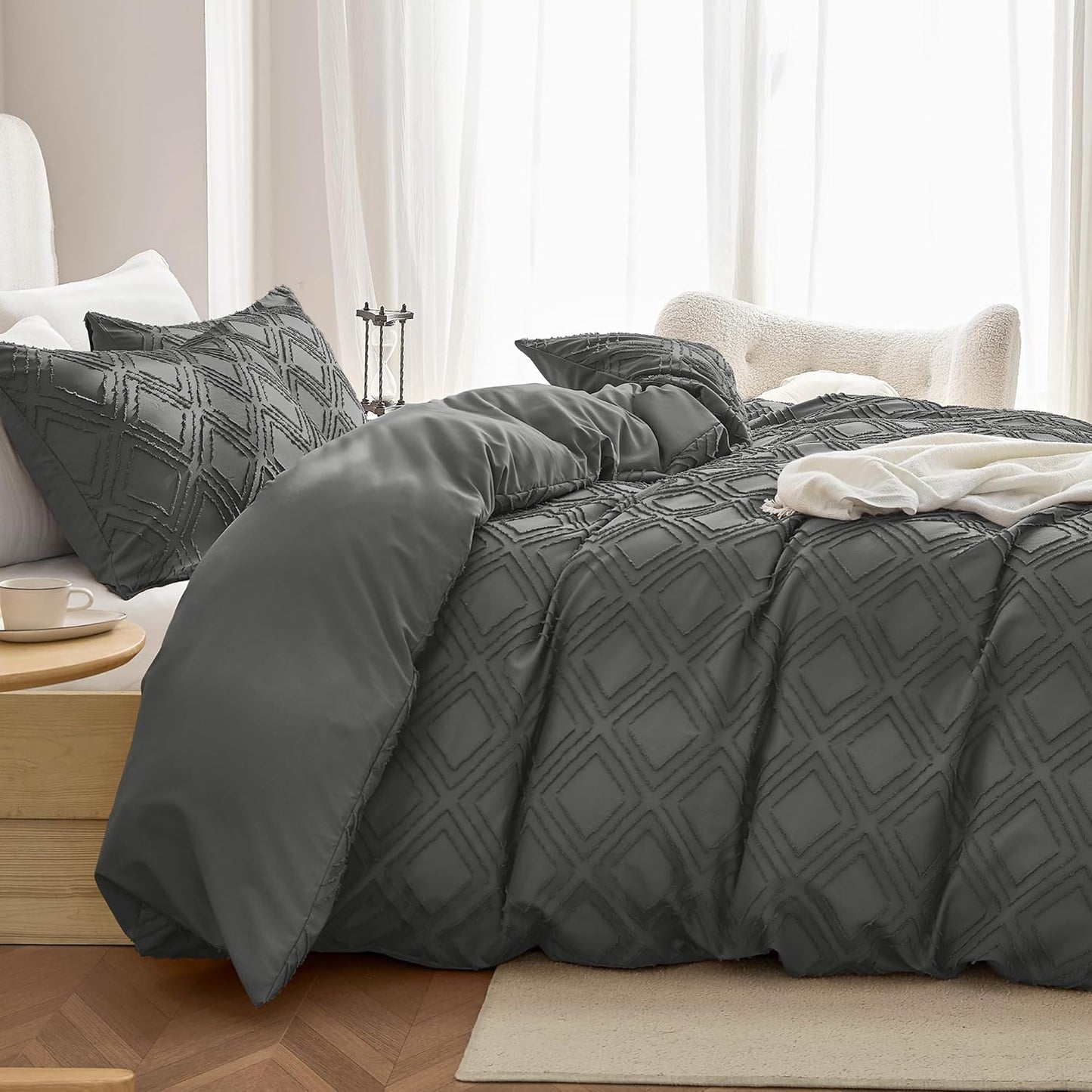 Dluxe Ave. ( TWIN ) 3 Pcs {Duvet Cover} Comforter Set with Corner Ties & Zipper Closure/ Dark Grey