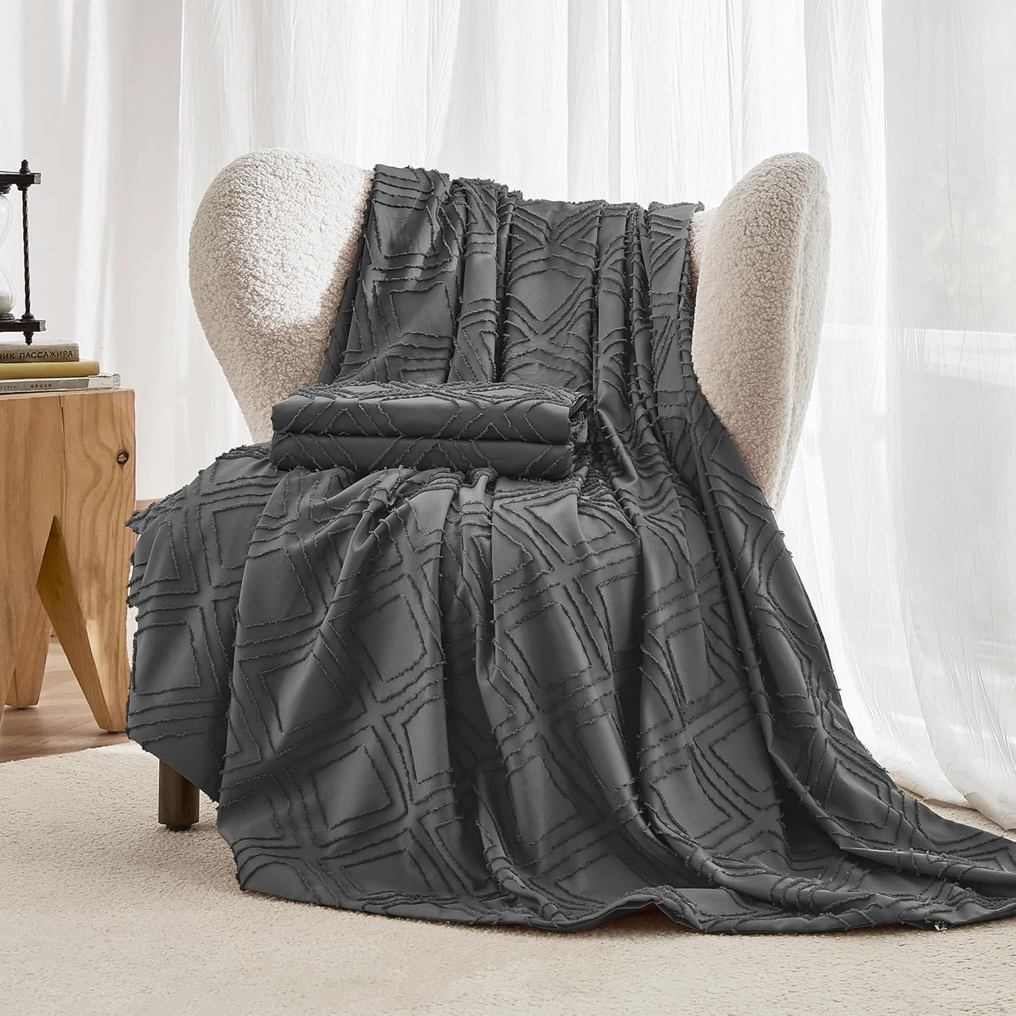 Dluxe Ave. ( TWIN ) 3 Pcs {Duvet Cover} Comforter Set with Corner Ties & Zipper Closure/ Dark Grey