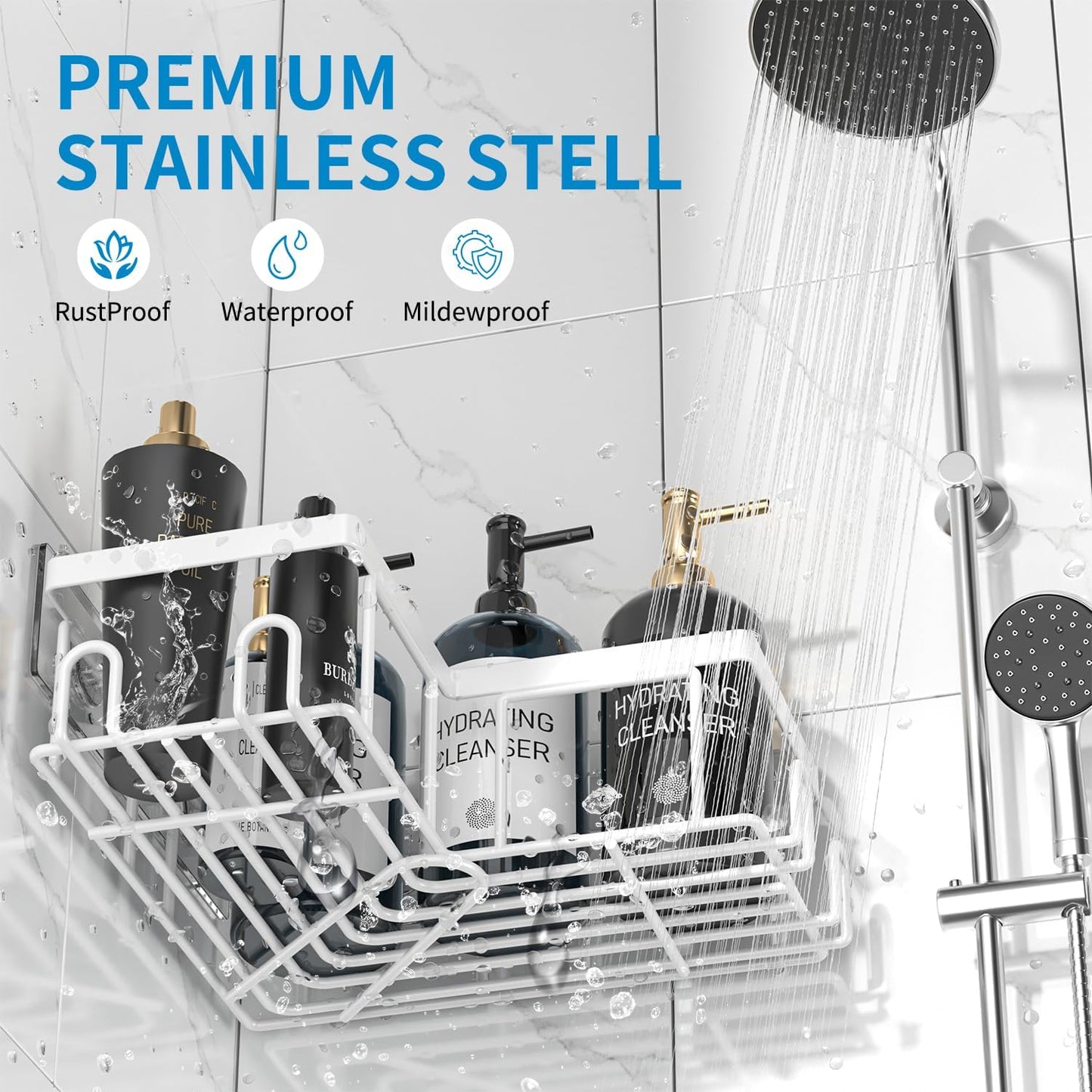 Dluxe Ave. Shower Caddy Corner, 3 pack, Adhesive, Stainless Steel Organizer, No Drilling for Bathroom (White)