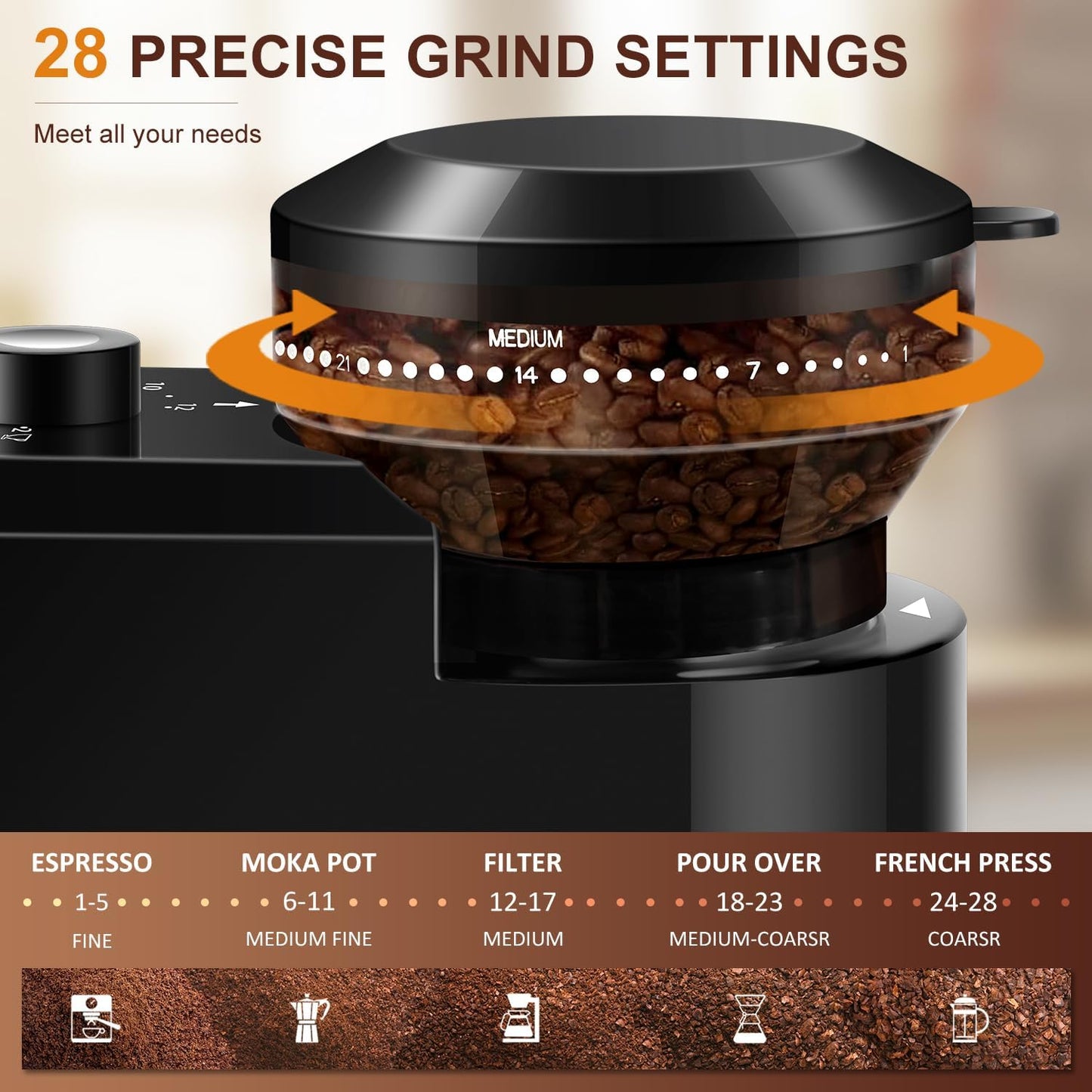 Dluxe Ave. Adjustable coffee grinder with 28 Precise/French Press Drip and Espresso12 Cups(Black)