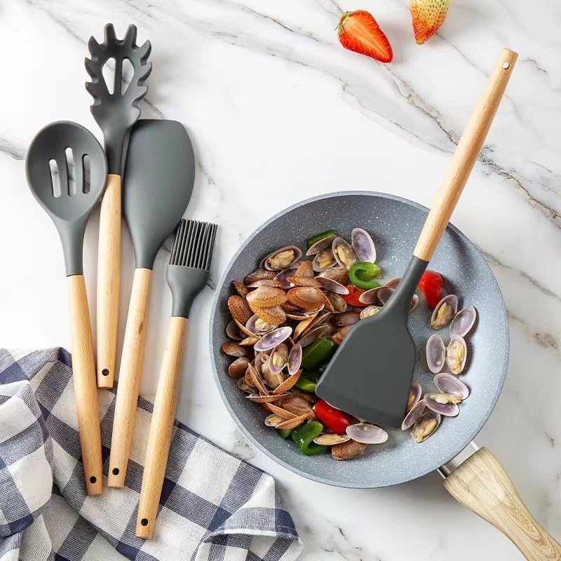 Dluxe Ave. 33 Pcs Non-Stick Silicone Cooking Utensils Set with SpatulaWooden Handle