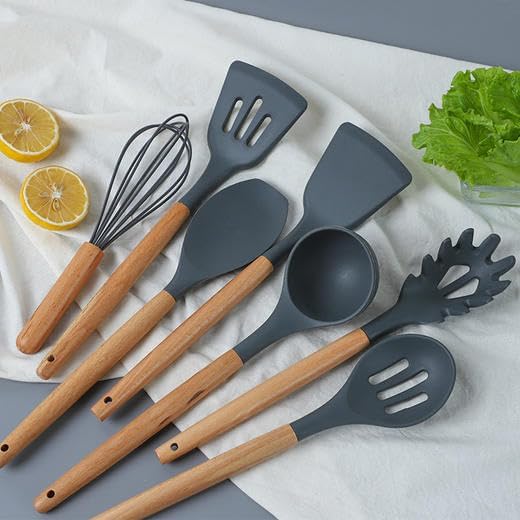 Dluxe Ave. 33 Pcs Non-Stick Silicone Cooking Utensils Set with SpatulaWooden Handle