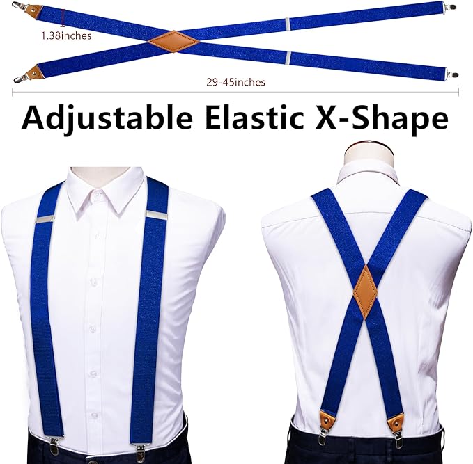 Dluxe Ave. 4PCS Suspender for Man X-Back Elastic Armbands 1.4 inch 4 Points Heavy Duty Clips Tie Sets
