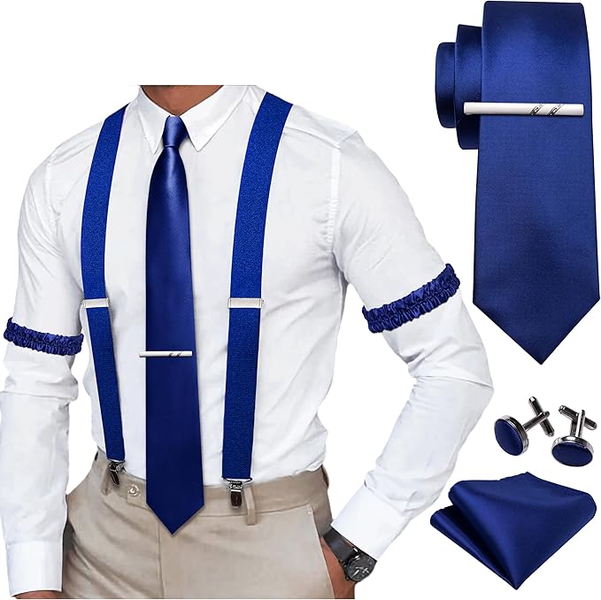 Dluxe Ave. 4PCS Suspender for Man X-Back Elastic Armbands 1.4 inch 4 Points Heavy Duty Clips Tie Sets