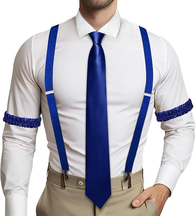 Dluxe Ave. 4PCS Suspender for Man X-Back Elastic Armbands 1.4 inch 4 Points Heavy Duty Clips Tie Sets