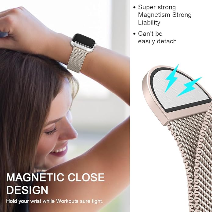 Dluxe Ave. iBazal Compatible with Apple Watch Band 49mm 45mm 44mm 42mm Stainless Steel Mesh Loop Magnetic Clasp Replacement for iWatch Series Ultra 2/Ultra SE/SE2 Series 9/8/7/6/5/4/3/2/1 - Starlight 42/44/45/49
