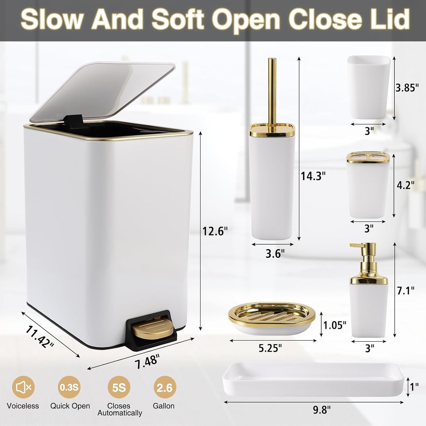 Dluxe Ave. XLHOMO White Bathroom Accessories Set 8 Piece White and Gold Bathroom Set
