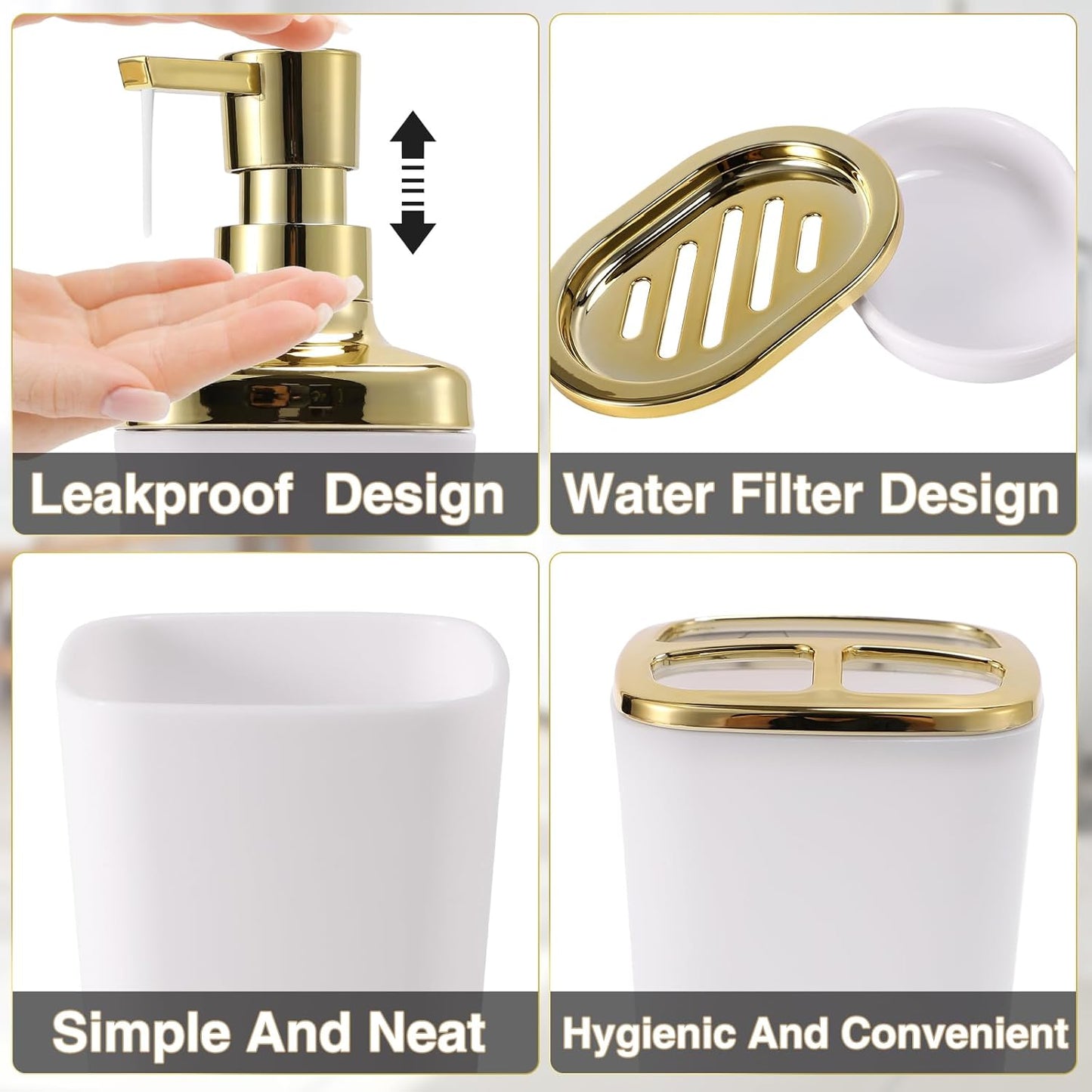 Dluxe Ave. XLHOMO White Bathroom Accessories Set 8 Piece White and Gold Bathroom Set