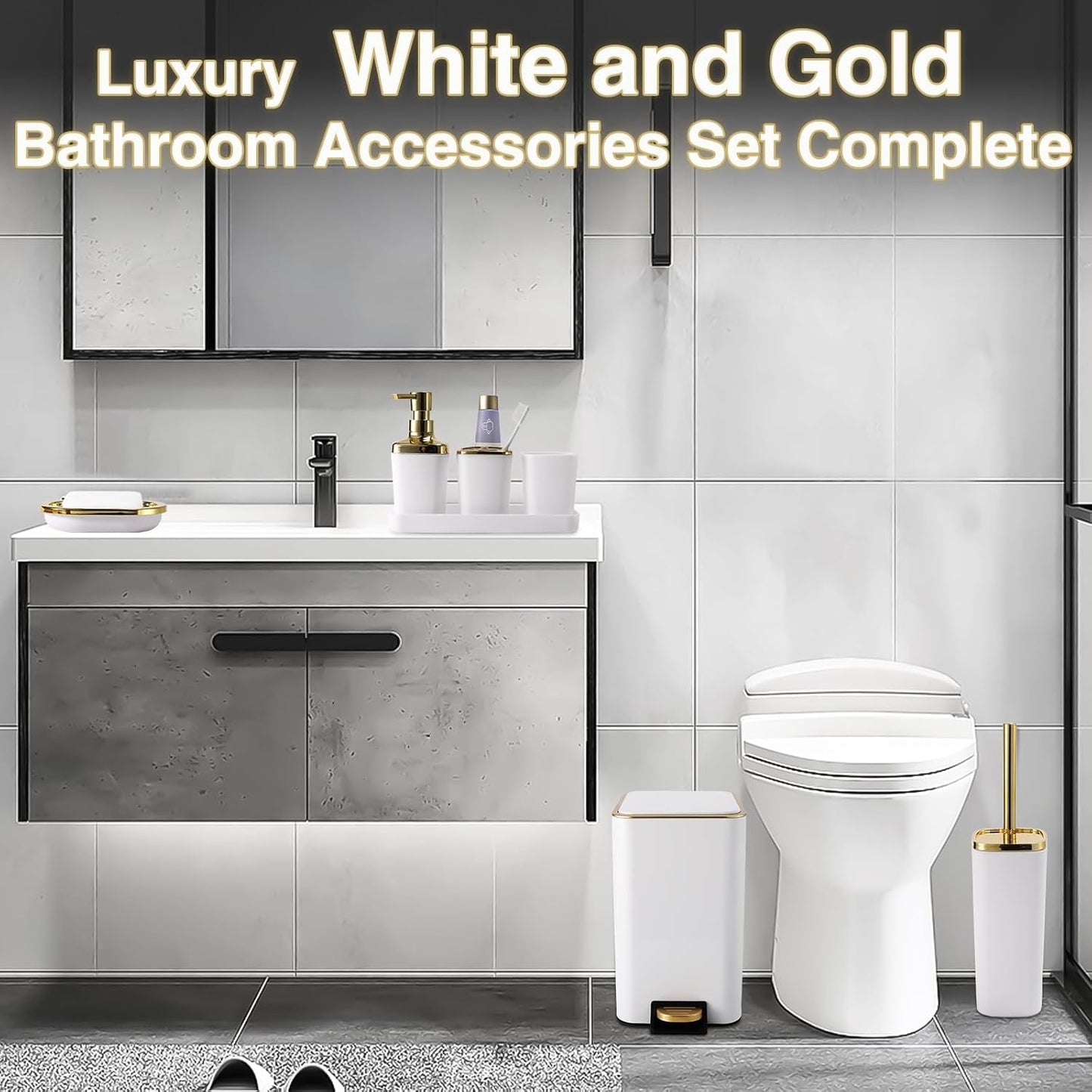 Dluxe Ave. XLHOMO White Bathroom Accessories Set 8 Piece White and Gold Bathroom Set