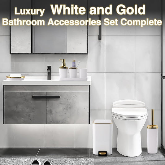 Dluxe Ave. XLHOMO White Bathroom Accessories Set 8 Piece White and Gold Bathroom Set