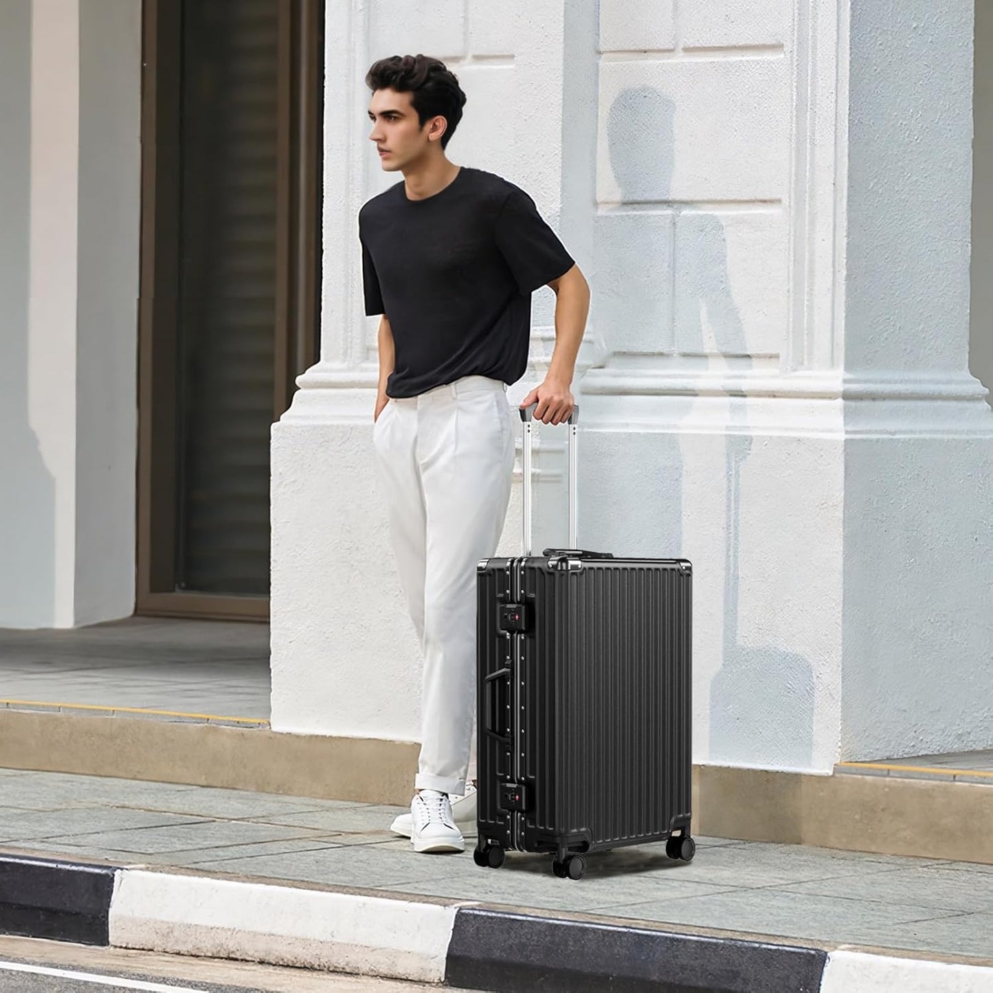 Dluxe Ave. Luggage PC+ABS Aluminum Frame Zipperless/ Checked Luggage/ Hard Shell/TSA Lock/Spinner Wheels 24 Inch/ (Black)