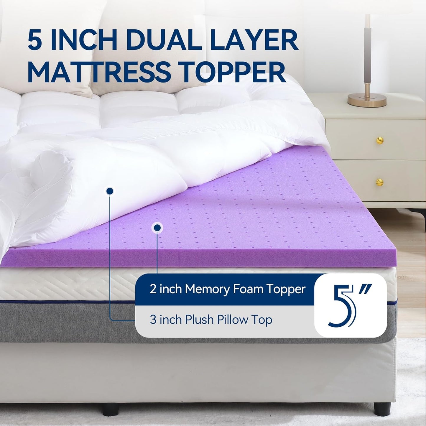 Dluxe Ave. ( QUEEN ) Dual Layer 4 Inch Memory Foam Mattress Topper, 2 Inch Gel Memory Foam, Plus 2 Inch Down, Alternative Quilted Pillow, White
