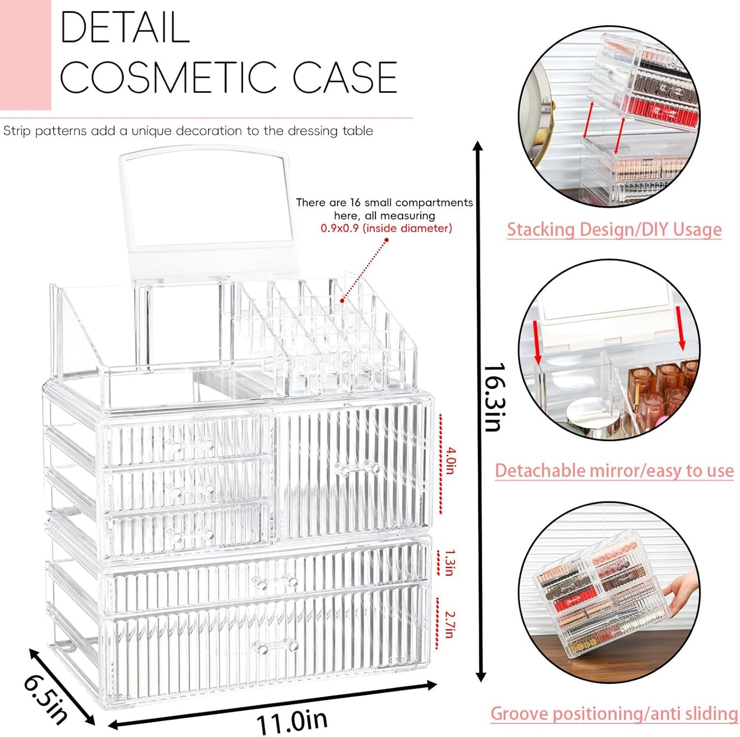 Dluxe Ave. 3 Pack Stackable Clear Make up Organizers for Vanity - With 6 drawers and 1 Removable Mirror- Hair Accessory and Cosmetic Storage