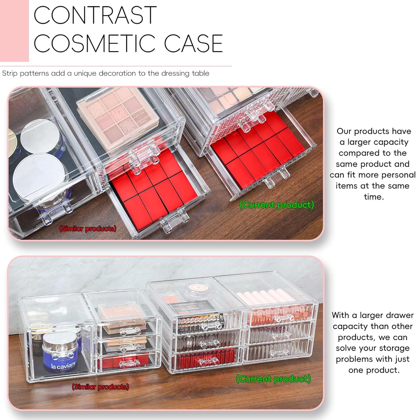 Dluxe Ave. 3 Pack Stackable Clear Make up Organizers for Vanity - With 6 drawers and 1 Removable Mirror- Hair Accessory and Cosmetic Storage