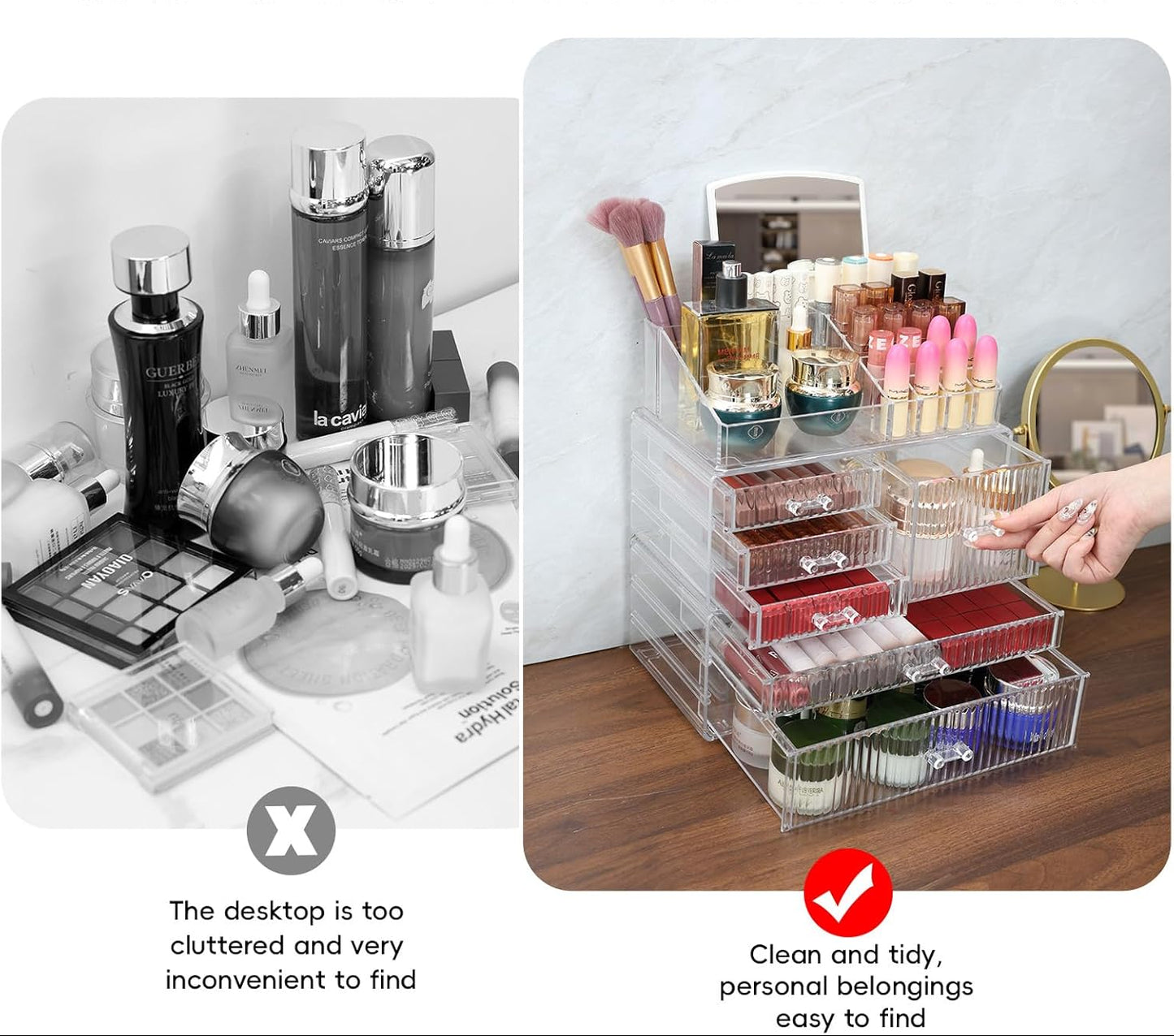 Dluxe Ave. 3 Pack Stackable Clear Make up Organizers for Vanity - With 6 drawers and 1 Removable Mirror- Hair Accessory and Cosmetic Storage