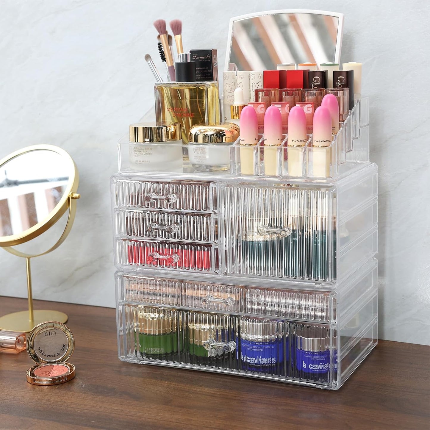 Dluxe Ave. 3 Pack Stackable Clear Make up Organizers for Vanity - With 6 drawers and 1 Removable Mirror- Hair Accessory and Cosmetic Storage