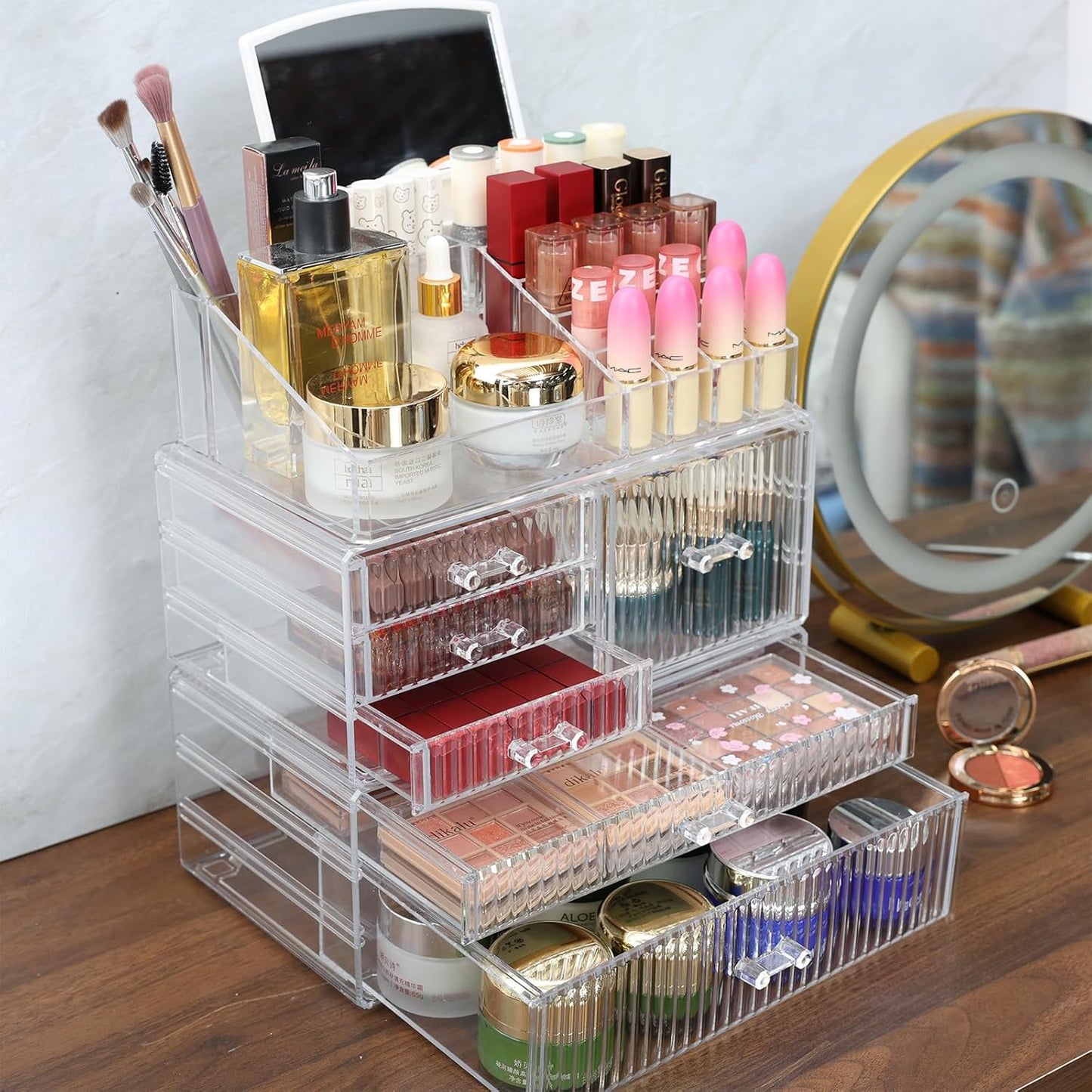 Dluxe Ave. 3 Pack Stackable Clear Make up Organizers for Vanity - With 6 drawers and 1 Removable Mirror- Hair Accessory and Cosmetic Storage