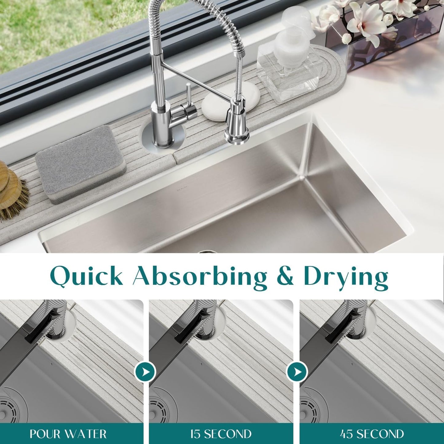 Dluxe Ave. Kitchen Faucet Mat - Diatomite Splash Guard for Sink 23.6" x 3.9" White] Includes Sandpaper