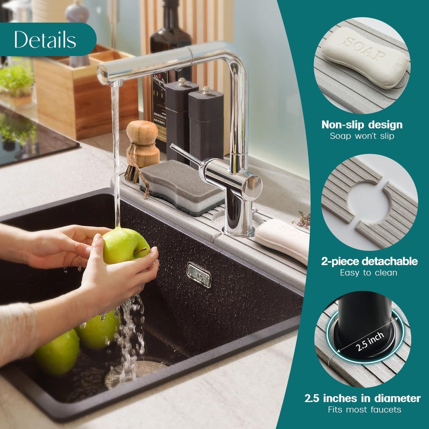 Dluxe Ave. Kitchen Faucet Mat - Diatomite Splash Guard for Sink 23.6" x 3.9" White] Includes Sandpaper