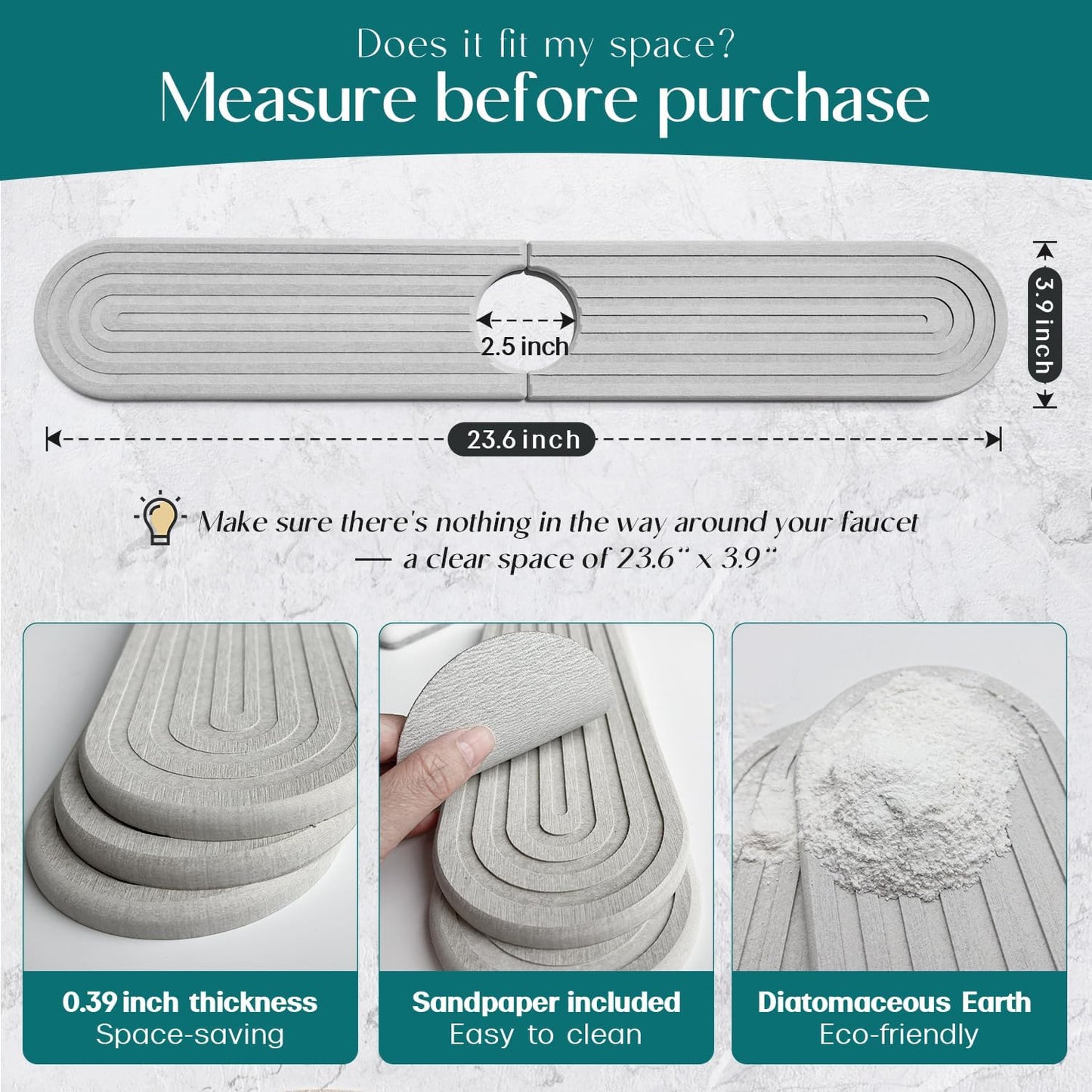 Dluxe Ave. Kitchen Faucet Mat - Diatomite Splash Guard for Sink 23.6" x 3.9" White] Includes Sandpaper