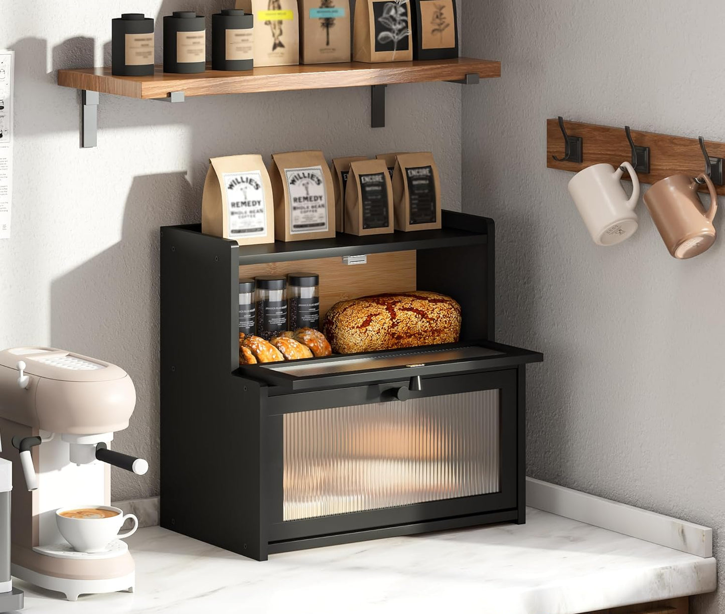 Dluxe Ave. Black Bread Box for Kitchen Countertop / Double Layer Large Corner