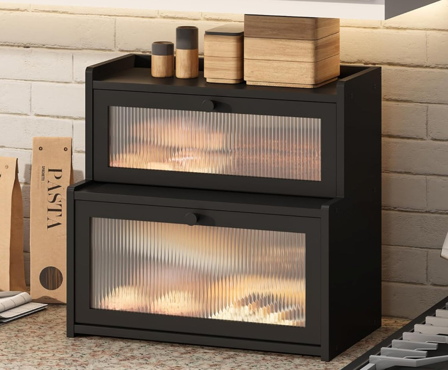 Dluxe Ave. Black Bread Box for Kitchen Countertop / Double Layer Large Corner