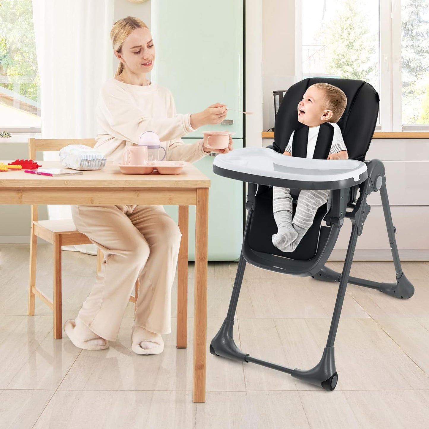 Dluxe Ave. HONEY JOY Baby High Chair Foldable Highchair for Babies and Toddlers Adjustable Heights Recline Backrest & Footrest Detachable Tray & PU Seat Portable Highchairs with Wheels (Black)