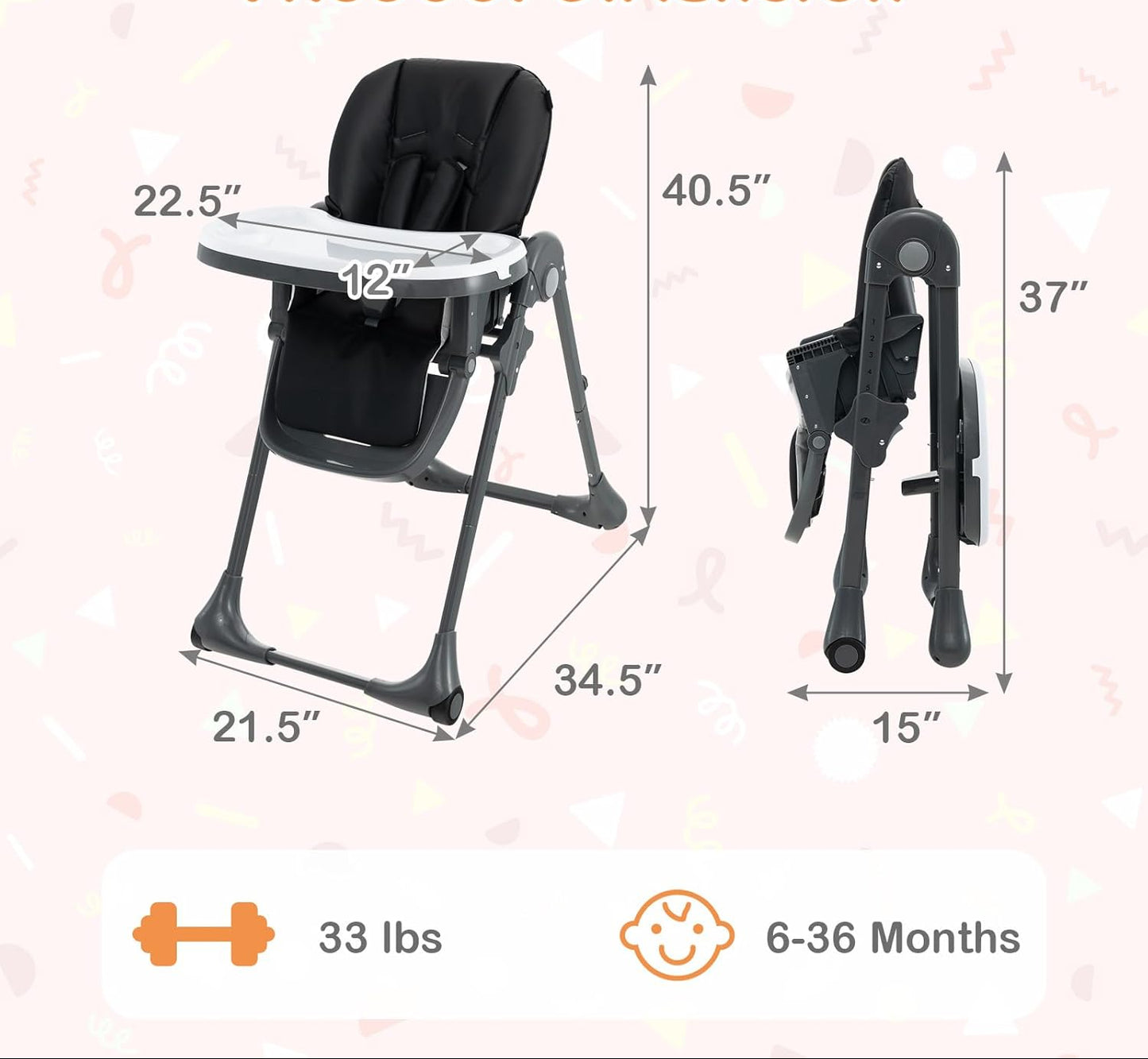 Dluxe Ave. HONEY JOY Baby High Chair Foldable Highchair for Babies and Toddlers Adjustable Heights Recline Backrest & Footrest Detachable Tray & PU Seat Portable Highchairs with Wheels (Black)