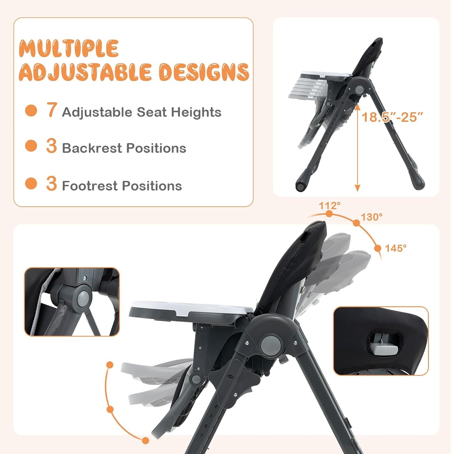 Dluxe Ave. HONEY JOY Baby High Chair Foldable Highchair for Babies and Toddlers Adjustable Heights Recline Backrest & Footrest Detachable Tray & PU Seat Portable Highchairs with Wheels (Black)